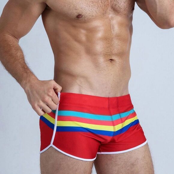 Men's Sexy Striped Swimwear Trunks Resort Shorts Red M - Picture 1 of 6